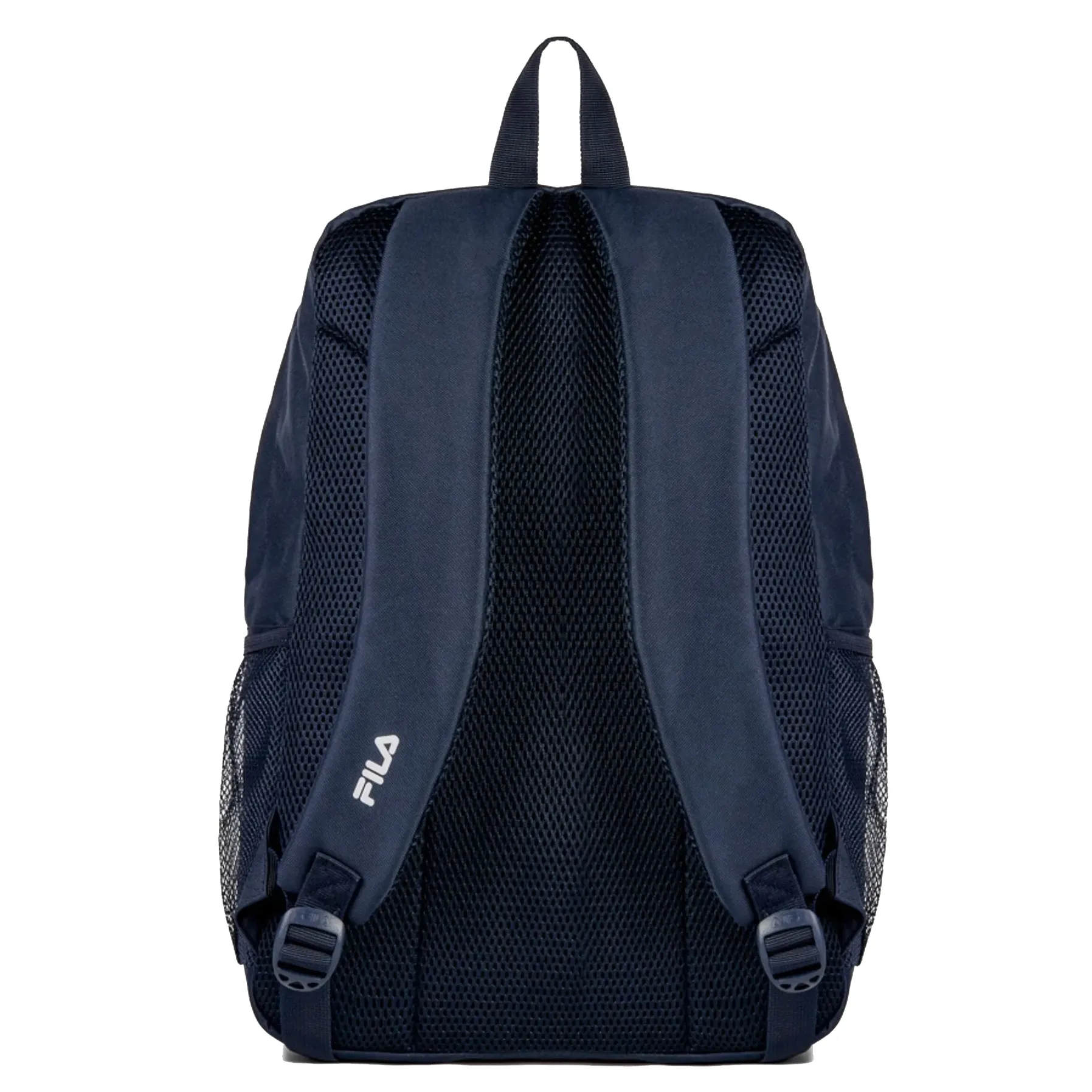 Mochila Fila azul marinho vista traseira com alças acolchoadas e bolsos laterais